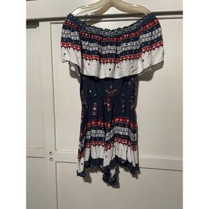 LF Three‎ Days Off Shoulder Romper Aztec Print Navy Red White Boho Size S NEW